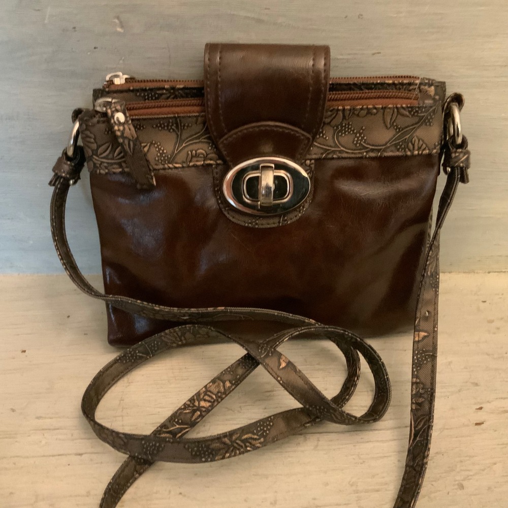 Vintage Braciano Brown Faux Leather Leaf Embossed Detail Crossbody Bag Purse GC
